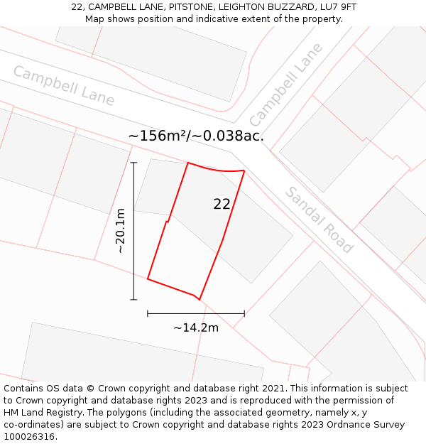 22, CAMPBELL LANE, PITSTONE, LEIGHTON BUZZARD, LU7 9FT: Plot and title map