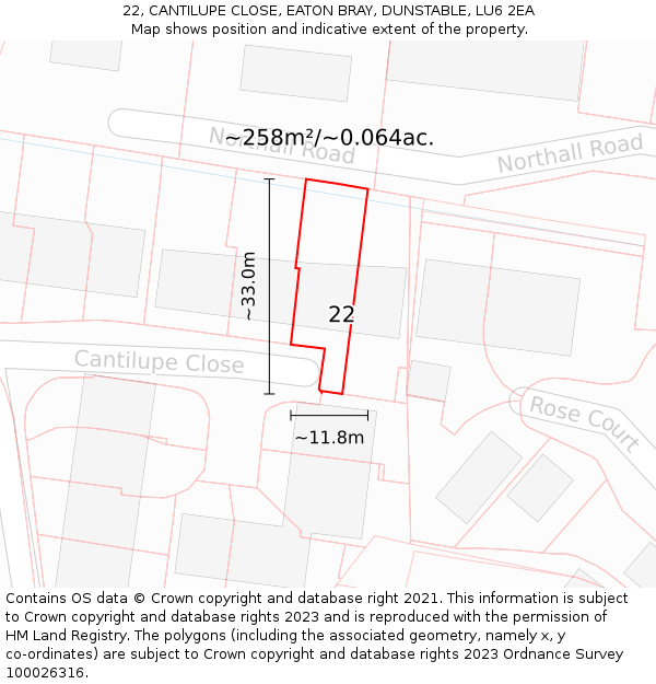 22, CANTILUPE CLOSE, EATON BRAY, DUNSTABLE, LU6 2EA: Plot and title map