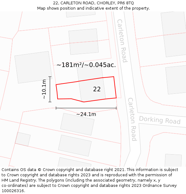 22, CARLETON ROAD, CHORLEY, PR6 8TQ: Plot and title map