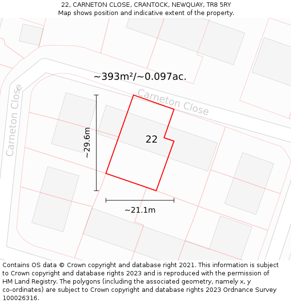 22, CARNETON CLOSE, CRANTOCK, NEWQUAY, TR8 5RY: Plot and title map