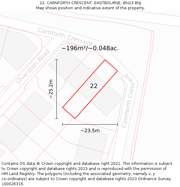 22, CARNFORTH CRESCENT, EASTBOURNE, BN23 8NJ: Plot and title map