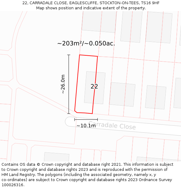 22, CARRADALE CLOSE, EAGLESCLIFFE, STOCKTON-ON-TEES, TS16 9HF: Plot and title map