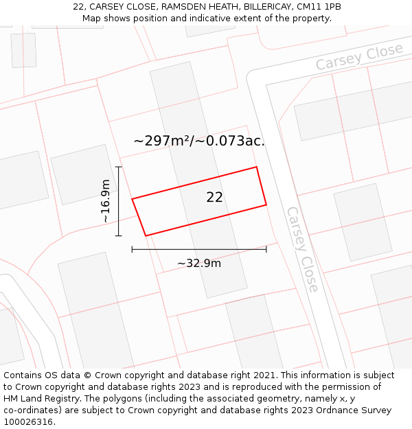 22, CARSEY CLOSE, RAMSDEN HEATH, BILLERICAY, CM11 1PB: Plot and title map