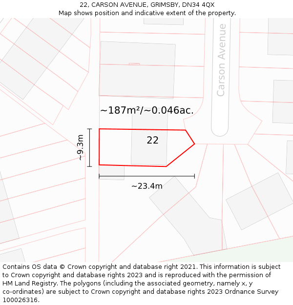 22, CARSON AVENUE, GRIMSBY, DN34 4QX: Plot and title map