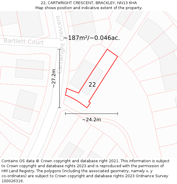 22, CARTWRIGHT CRESCENT, BRACKLEY, NN13 6HA: Plot and title map