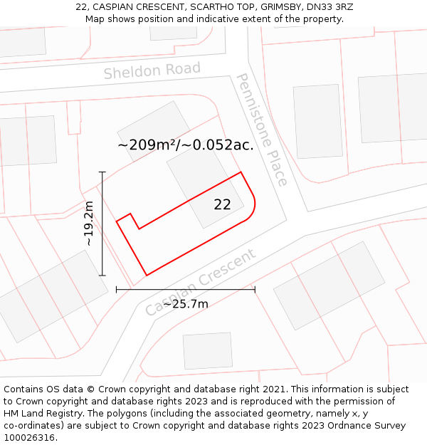 22, CASPIAN CRESCENT, SCARTHO TOP, GRIMSBY, DN33 3RZ: Plot and title map