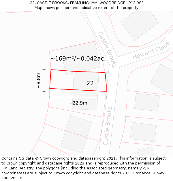 22, CASTLE BROOKS, FRAMLINGHAM, WOODBRIDGE, IP13 9SF: Plot and title map
