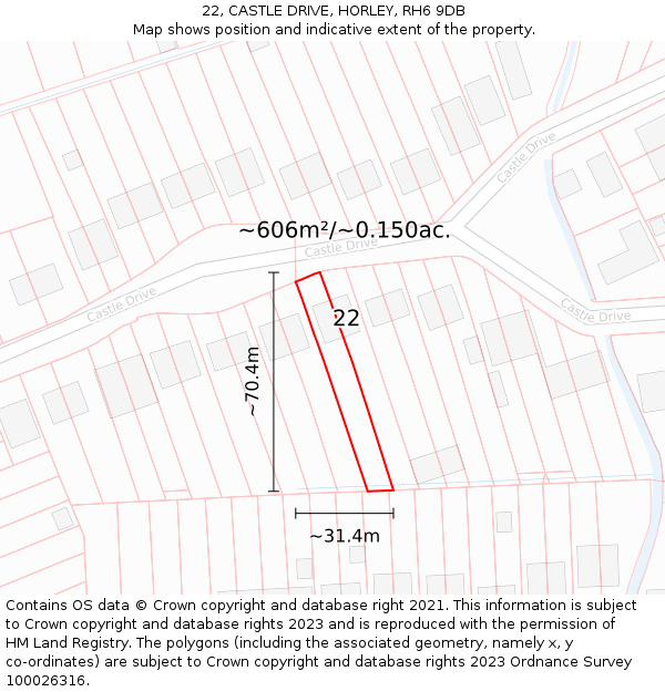 22, CASTLE DRIVE, HORLEY, RH6 9DB: Plot and title map