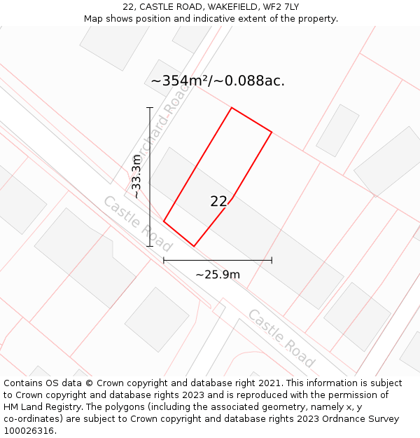 22, CASTLE ROAD, WAKEFIELD, WF2 7LY: Plot and title map