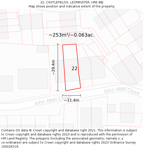 22, CASTLEFIELDS, LEOMINSTER, HR6 8BJ: Plot and title map