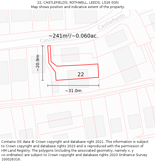 22, CASTLEFIELDS, ROTHWELL, LEEDS, LS26 0GN: Plot and title map