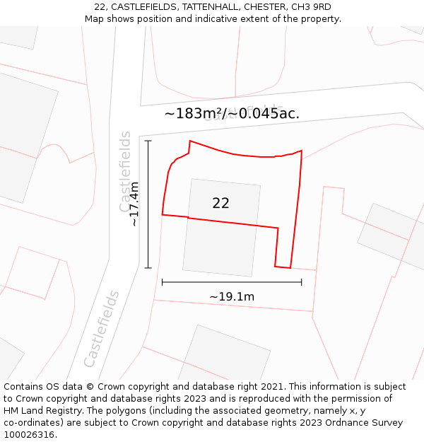 22, CASTLEFIELDS, TATTENHALL, CHESTER, CH3 9RD: Plot and title map
