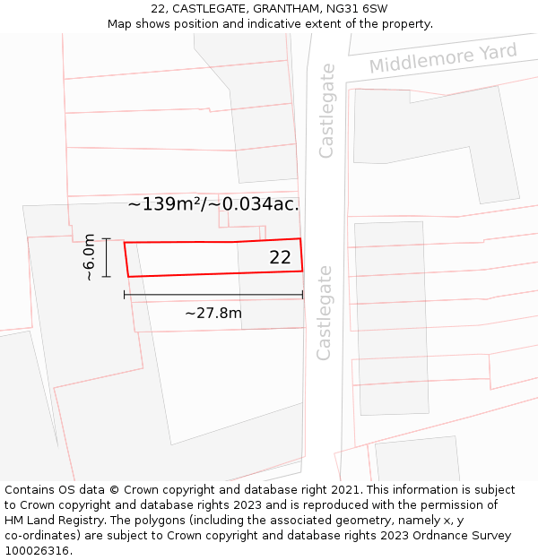 22, CASTLEGATE, GRANTHAM, NG31 6SW: Plot and title map