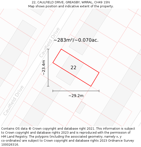22, CAULFIELD DRIVE, GREASBY, WIRRAL, CH49 1SN: Plot and title map