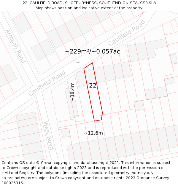 22, CAULFIELD ROAD, SHOEBURYNESS, SOUTHEND-ON-SEA, SS3 9LA: Plot and title map
