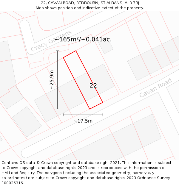 22, CAVAN ROAD, REDBOURN, ST ALBANS, AL3 7BJ: Plot and title map