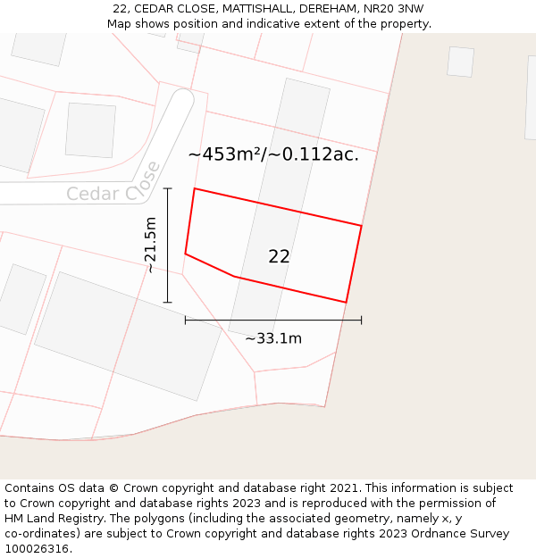 22, CEDAR CLOSE, MATTISHALL, DEREHAM, NR20 3NW: Plot and title map