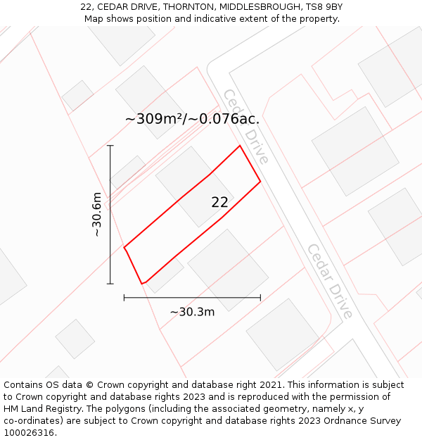 22, CEDAR DRIVE, THORNTON, MIDDLESBROUGH, TS8 9BY: Plot and title map