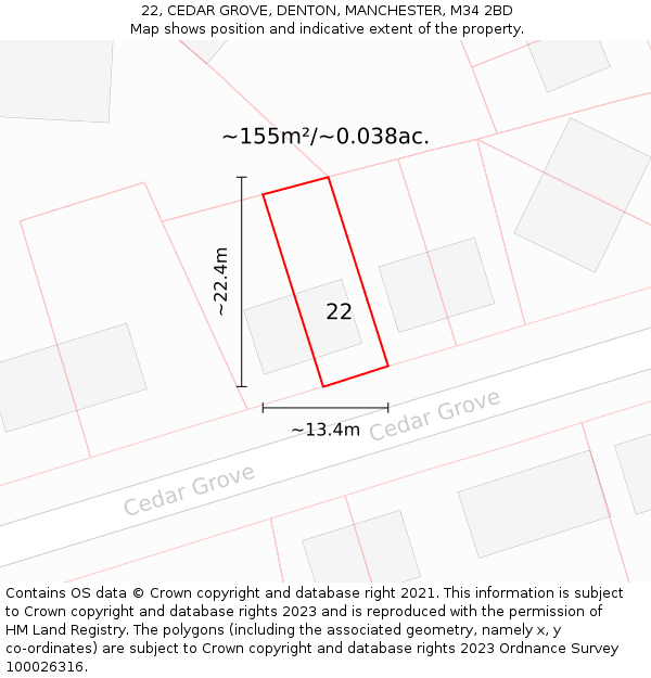 22, CEDAR GROVE, DENTON, MANCHESTER, M34 2BD: Plot and title map