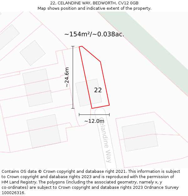 22, CELANDINE WAY, BEDWORTH, CV12 0GB: Plot and title map