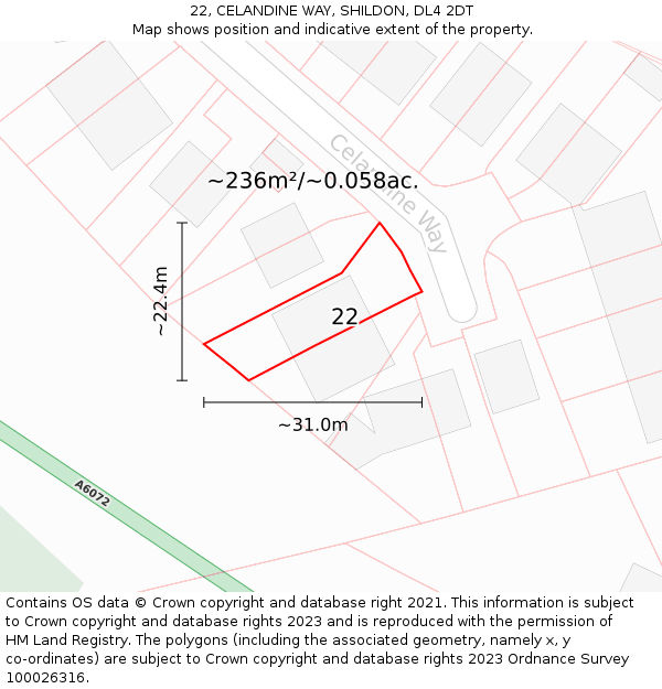 22, CELANDINE WAY, SHILDON, DL4 2DT: Plot and title map