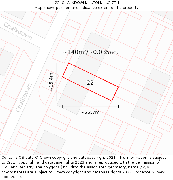 22, CHALKDOWN, LUTON, LU2 7FH: Plot and title map