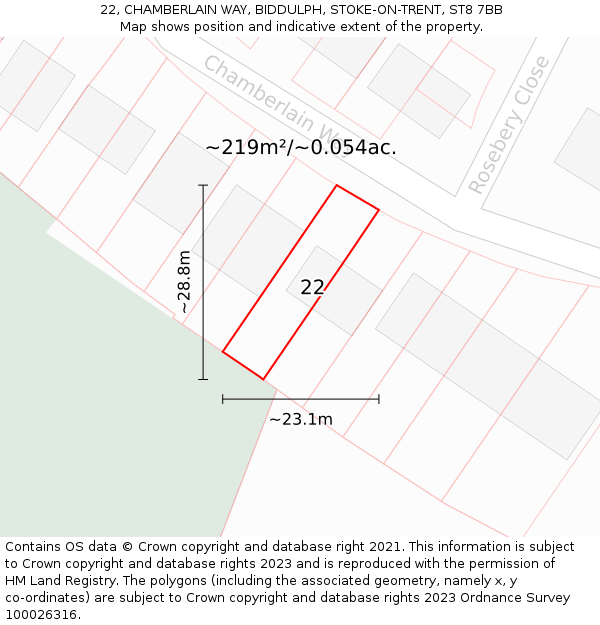 22, CHAMBERLAIN WAY, BIDDULPH, STOKE-ON-TRENT, ST8 7BB: Plot and title map