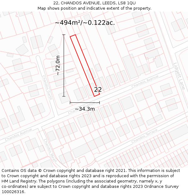 22, CHANDOS AVENUE, LEEDS, LS8 1QU: Plot and title map