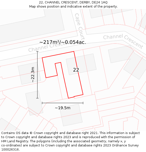 22, CHANNEL CRESCENT, DERBY, DE24 1AQ: Plot and title map