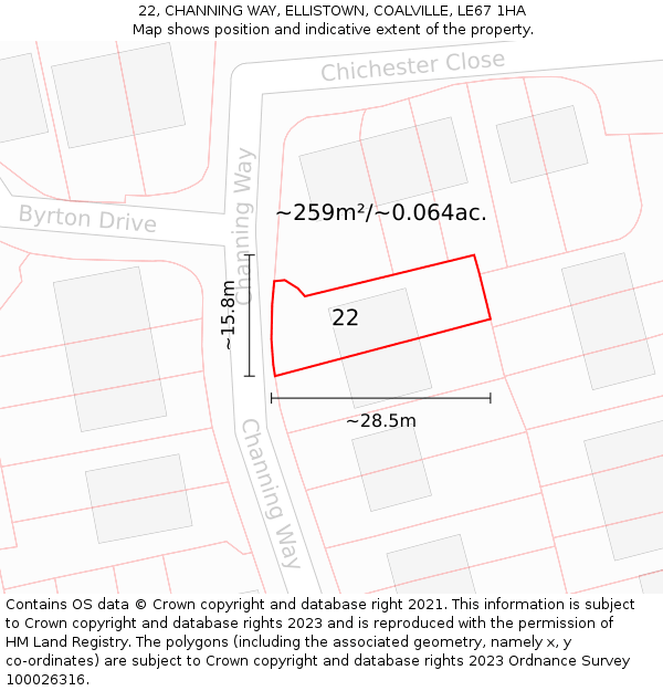 22, CHANNING WAY, ELLISTOWN, COALVILLE, LE67 1HA: Plot and title map