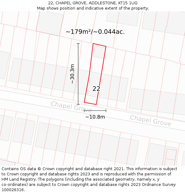 22, CHAPEL GROVE, ADDLESTONE, KT15 1UG: Plot and title map