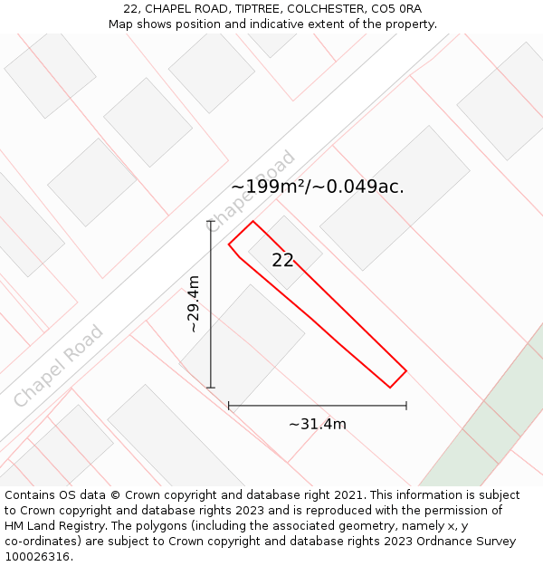22, CHAPEL ROAD, TIPTREE, COLCHESTER, CO5 0RA: Plot and title map