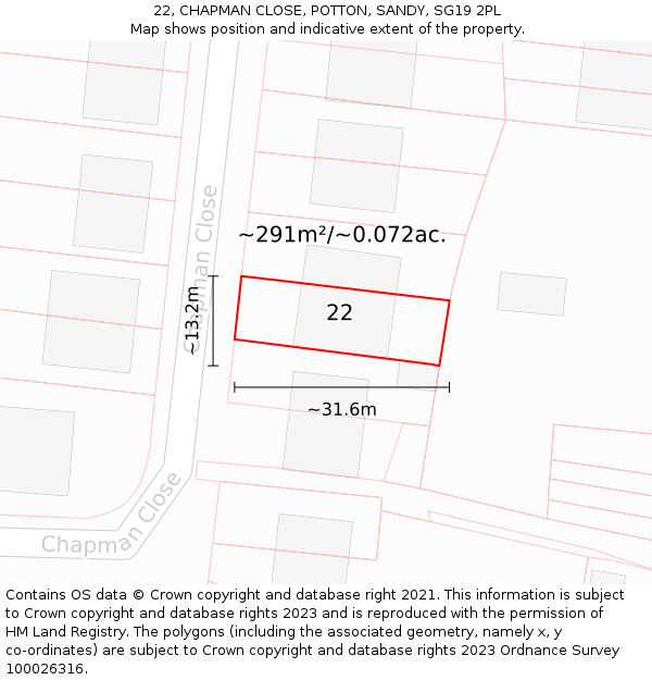 22, CHAPMAN CLOSE, POTTON, SANDY, SG19 2PL: Plot and title map