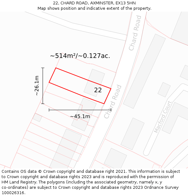 22, CHARD ROAD, AXMINSTER, EX13 5HN: Plot and title map