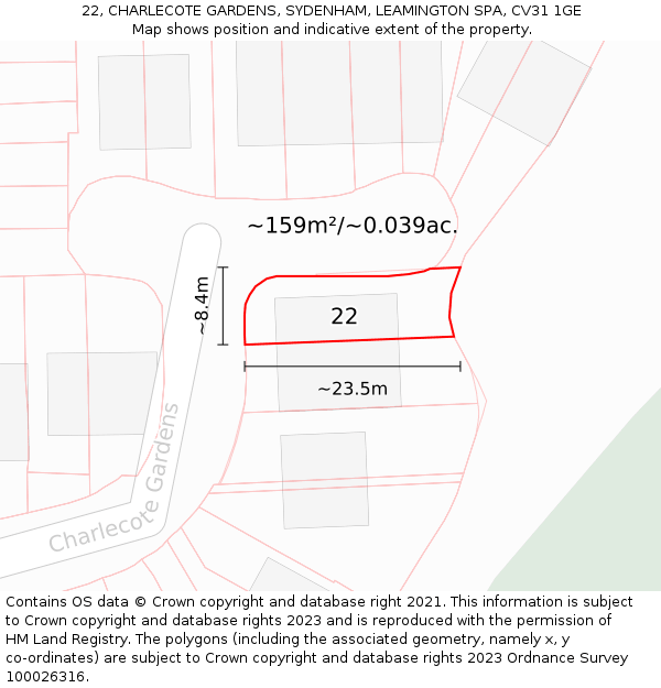 22, CHARLECOTE GARDENS, SYDENHAM, LEAMINGTON SPA, CV31 1GE: Plot and title map