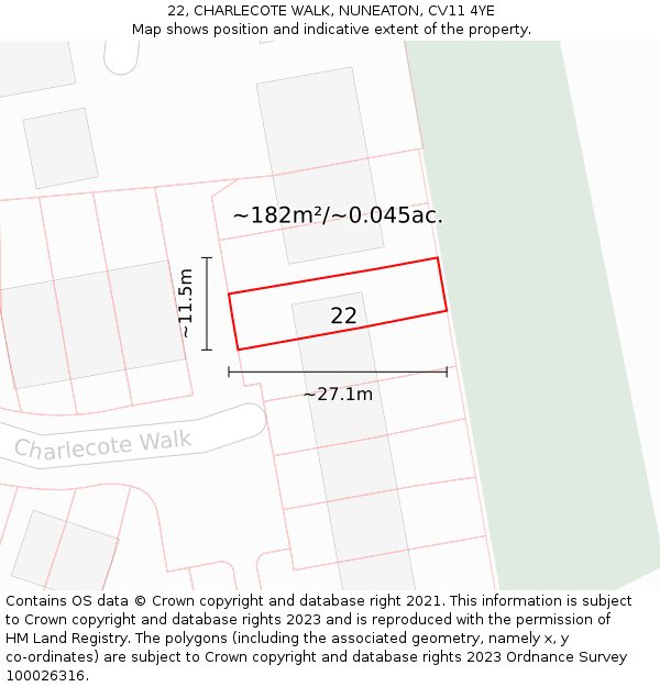22, CHARLECOTE WALK, NUNEATON, CV11 4YE: Plot and title map