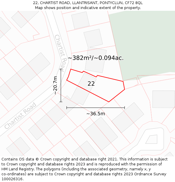 22, CHARTIST ROAD, LLANTRISANT, PONTYCLUN, CF72 8QL: Plot and title map