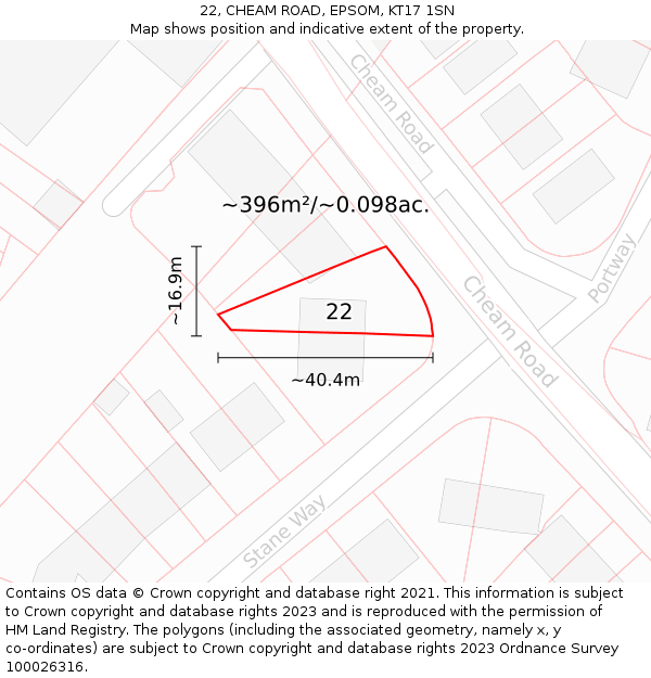 22, CHEAM ROAD, EPSOM, KT17 1SN: Plot and title map
