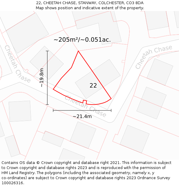 22, CHEETAH CHASE, STANWAY, COLCHESTER, CO3 8DA: Plot and title map