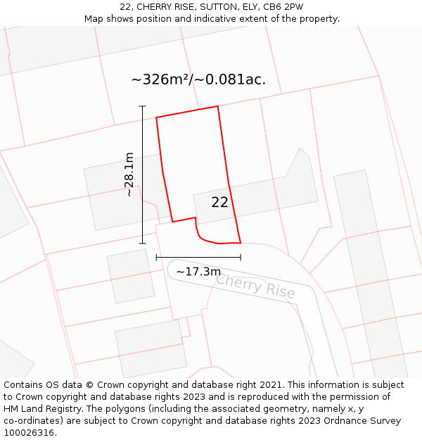 22, CHERRY RISE, SUTTON, ELY, CB6 2PW: Plot and title map