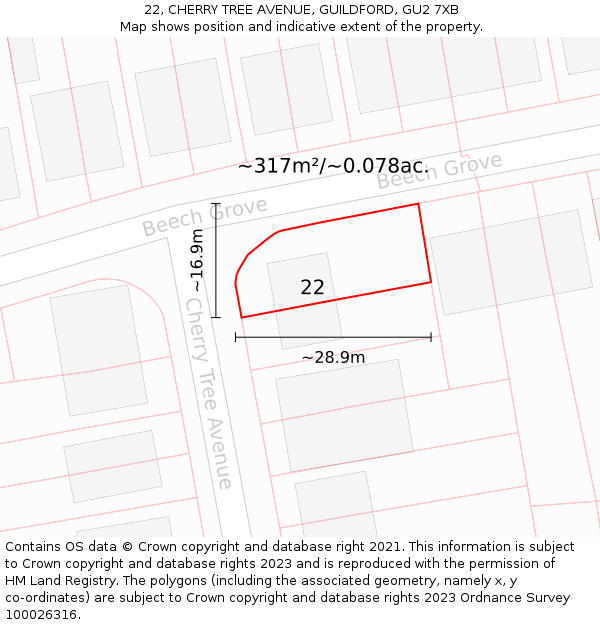 22, CHERRY TREE AVENUE, GUILDFORD, GU2 7XB: Plot and title map