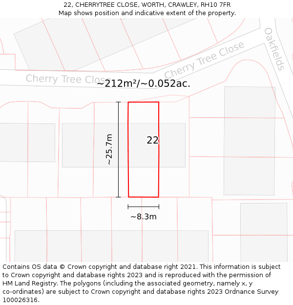 22, CHERRYTREE CLOSE, WORTH, CRAWLEY, RH10 7FR: Plot and title map
