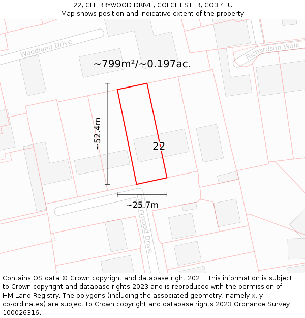22, CHERRYWOOD DRIVE, COLCHESTER, CO3 4LU: Plot and title map