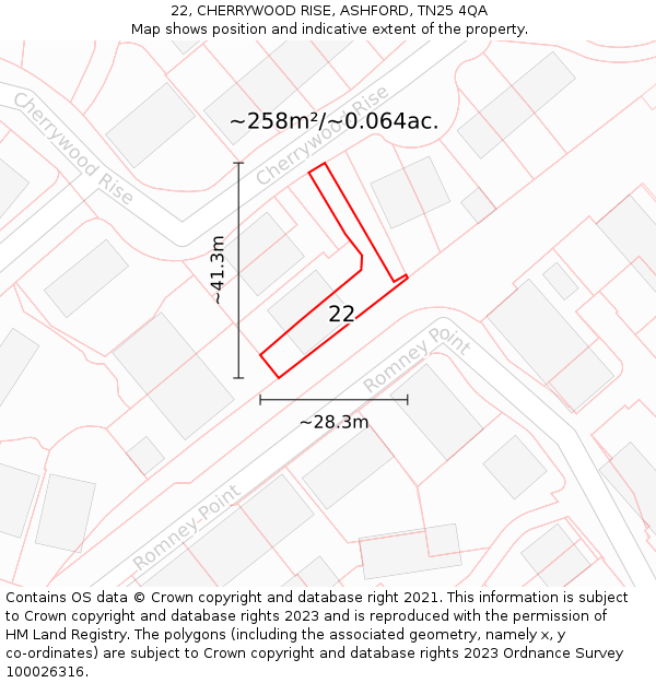 22, CHERRYWOOD RISE, ASHFORD, TN25 4QA: Plot and title map