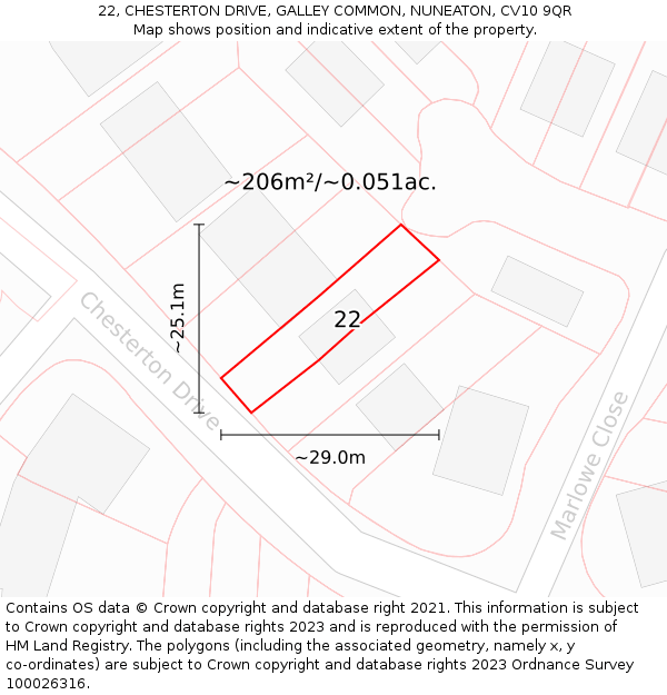 22, CHESTERTON DRIVE, GALLEY COMMON, NUNEATON, CV10 9QR: Plot and title map