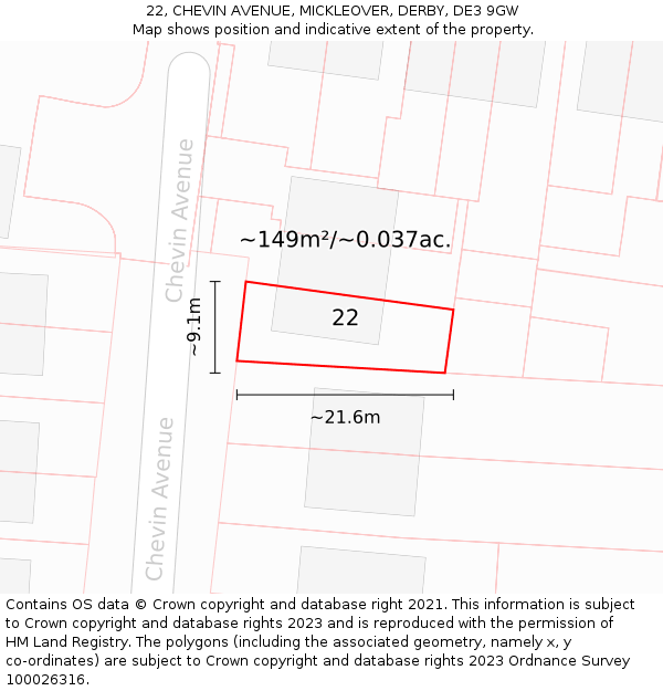 22, CHEVIN AVENUE, MICKLEOVER, DERBY, DE3 9GW: Plot and title map