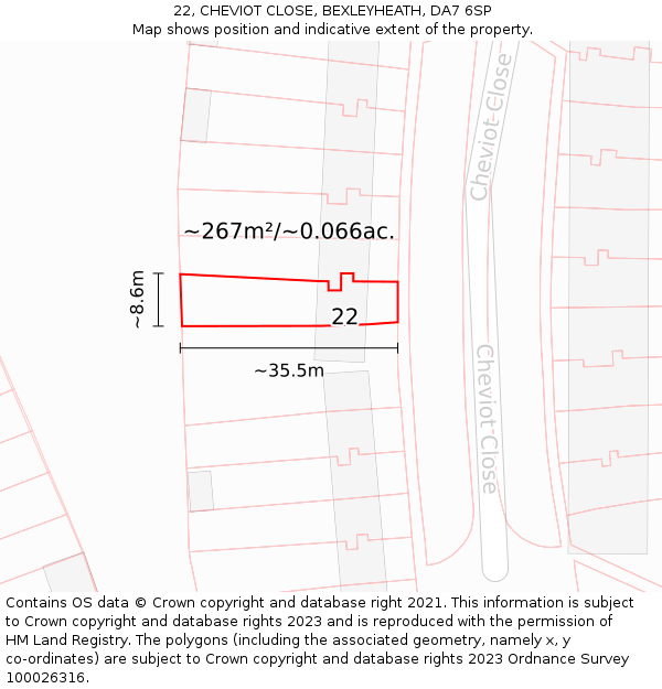 22, CHEVIOT CLOSE, BEXLEYHEATH, DA7 6SP: Plot and title map
