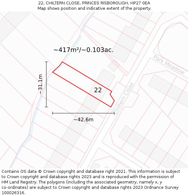 22, CHILTERN CLOSE, PRINCES RISBOROUGH, HP27 0EA: Plot and title map