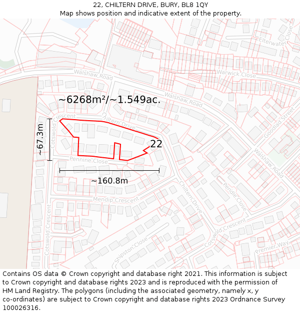 22, CHILTERN DRIVE, BURY, BL8 1QY: Plot and title map