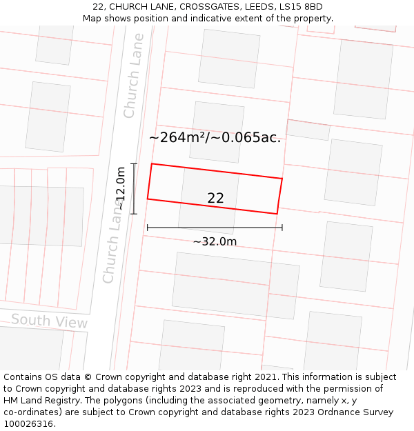 22, CHURCH LANE, CROSSGATES, LEEDS, LS15 8BD: Plot and title map
